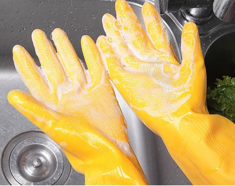 Household Rubber Cleaning Gloves, Non-slip Textured Latex Dishwashing Gloves, Long Cuff Waterproof Household Kitchen Cleaning Gloves, Reusable for Kitchen and Bathroom Cleaning 1 Pair ( Pack of 2)