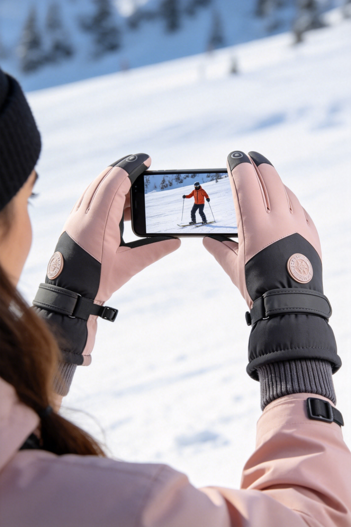 Winter Gloves Women Waterproof Touchscreen Ski Gloves Anti-Slip Windproof Warm Snow  Gloves for Skiing Cycling Driving Hiking (Pink Grey)