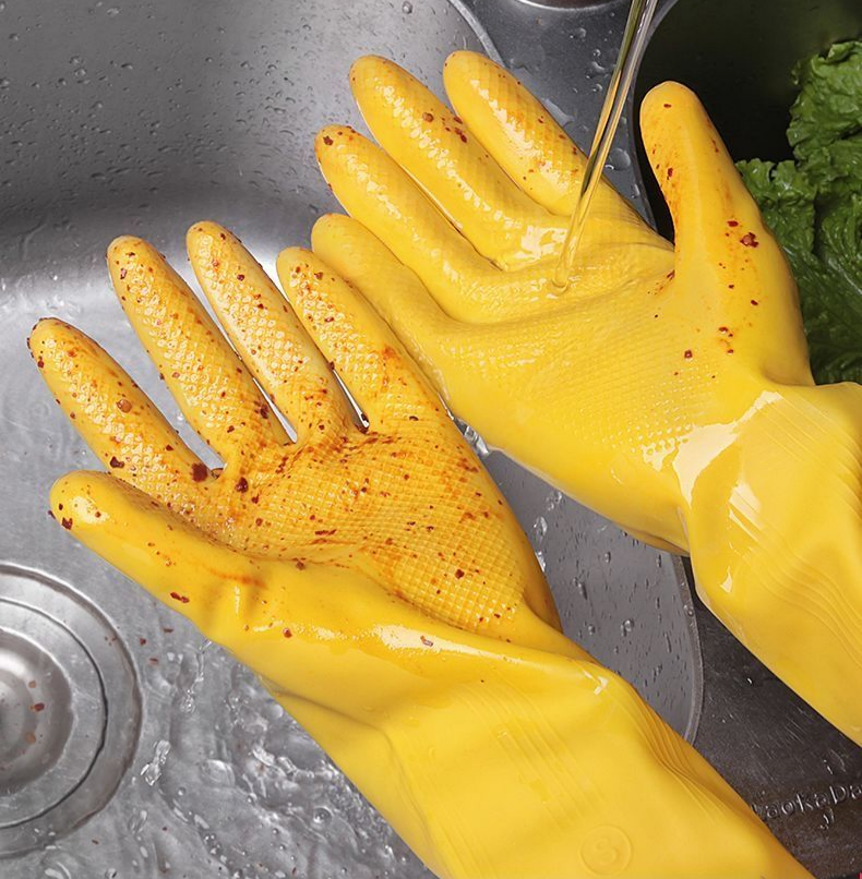Household Rubber Cleaning Gloves, Non-slip Textured Latex Dishwashing Gloves, Long Cuff Waterproof Household Kitchen Cleaning Gloves, Reusable for Kitchen and Bathroom Cleaning 1 Pair ( Pack of 2)