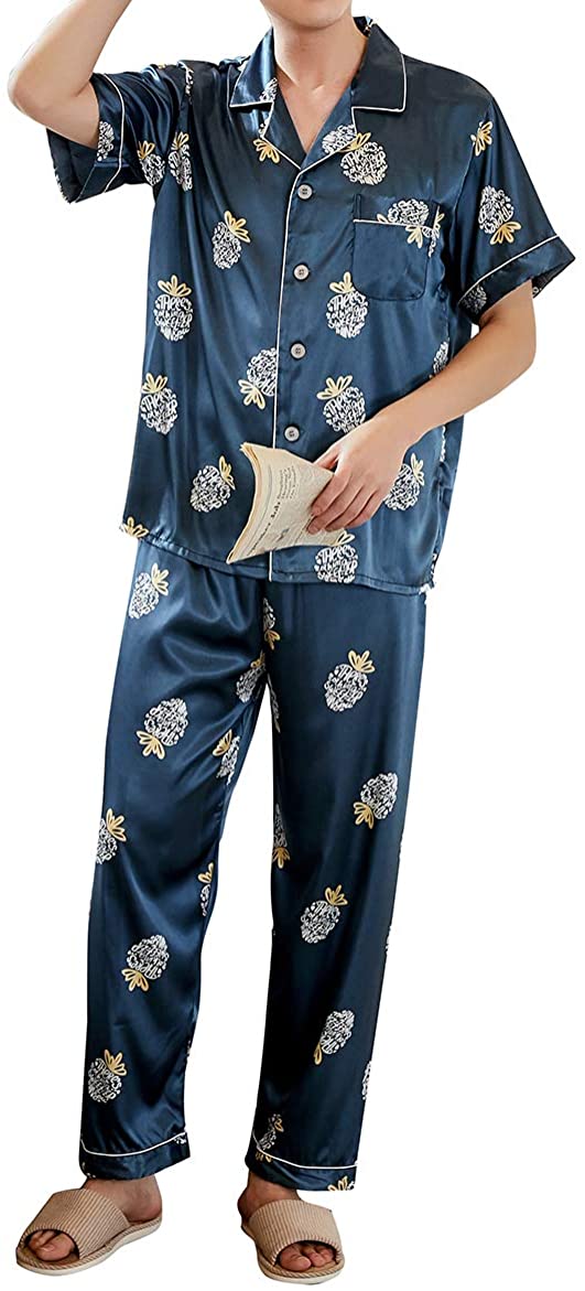 Mens Pajamas Set Button Down Floral Silk Sleepwear Nightwear 2 Piece Set
