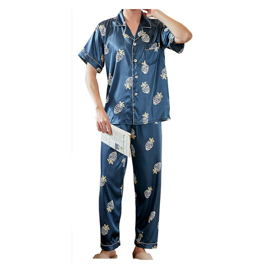 Mens Pajamas Set Button Down Floral Silk Sleepwear Nightwear 2 Piece Set