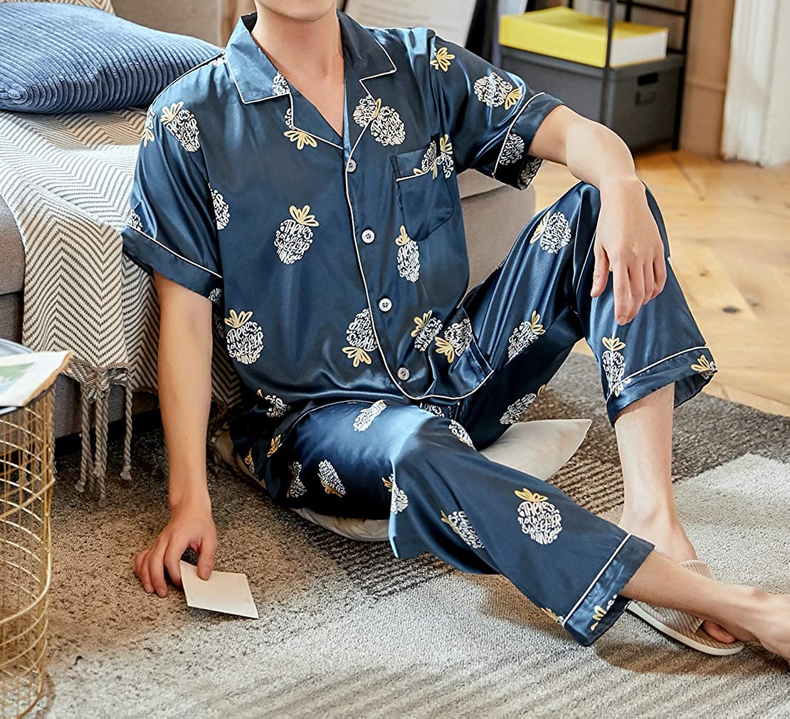 Mens Pajamas Set Button Down Floral Silk Sleepwear Nightwear 2 Piece Set