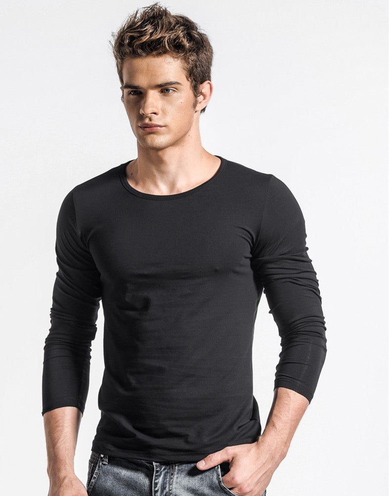 Men's O-neck Long Sleeve Knit Shirt Grey Black White Solid Colors