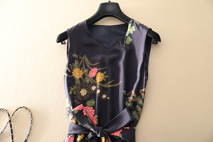 Women's Sleeveless Floral Long Silk Dress